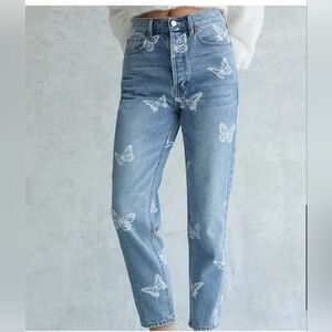 PacSun Ultra High Rise Slim Butterfly Print Jeans Light Wash Blue‎ Size 23